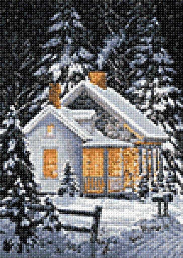 Winter Comfort WD112 Diamond Painting Kit featuring a self-adhesive canvas, colorful square acrylic diamonds, and crafting tools.